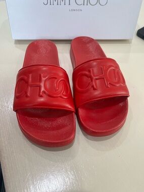 Jimmy Choo Red Logo Slide Sandals